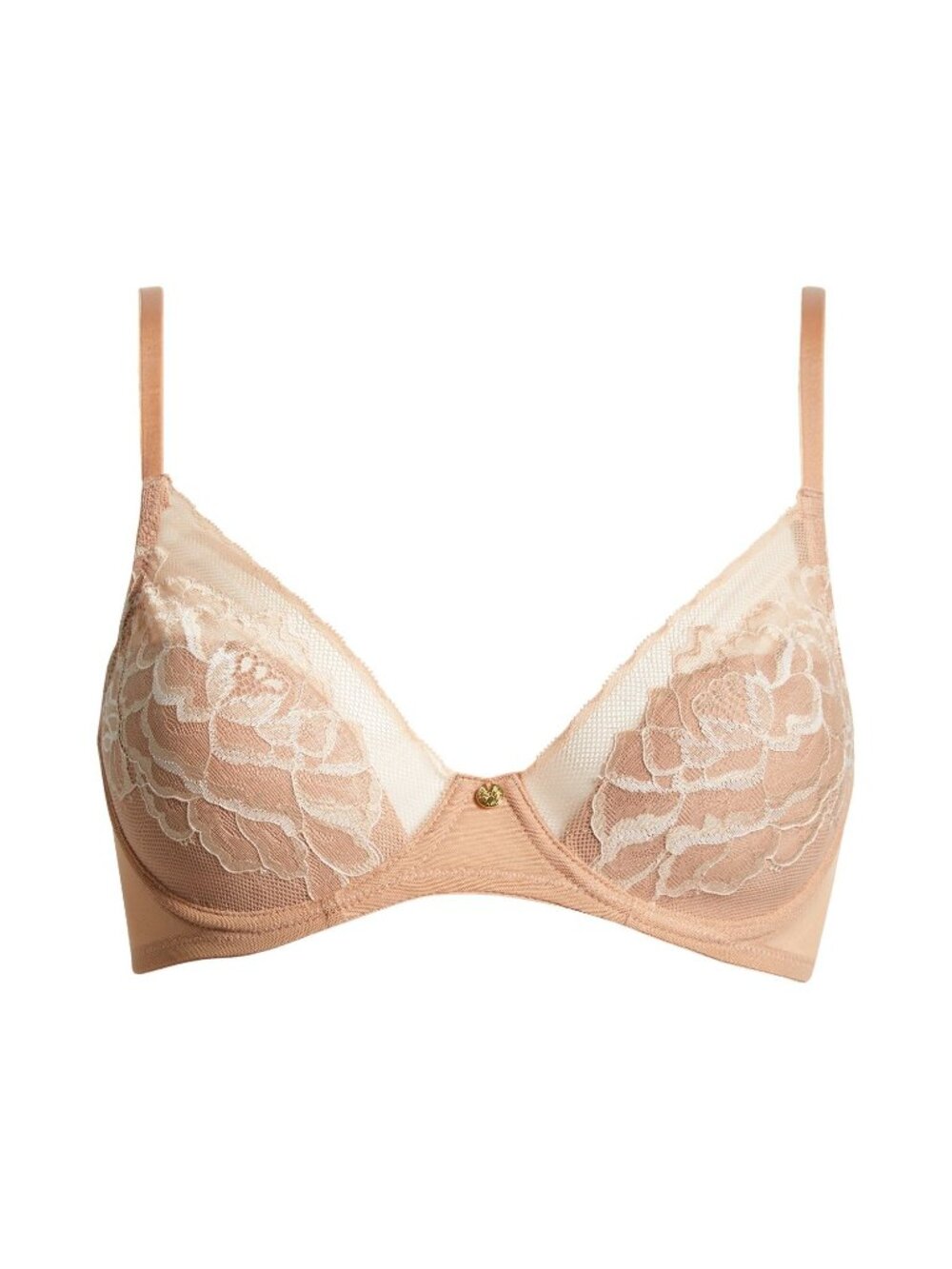 🆕NATORI Flora Lace Underwire Plunge Bra 34G Glaze Cash (Dark Beige) #721150 - Picture 6 of 11